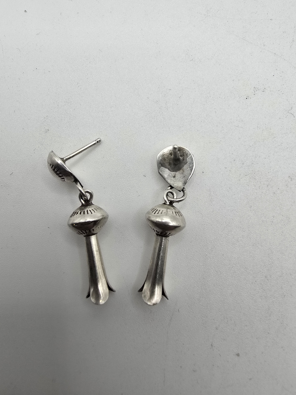 Vintage Navajo Sterling Silver Dangle Squash Blossom Earrings - Picture 2 of 5
